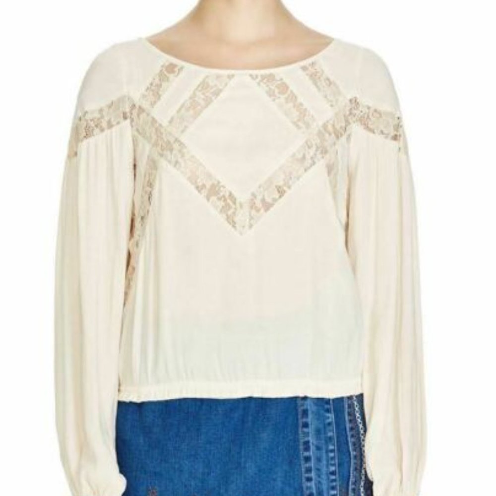 FREE PEOPLE Geometry Lessons IVORY WITH LACE LONG SLEEVE BLOUSE SIZE S